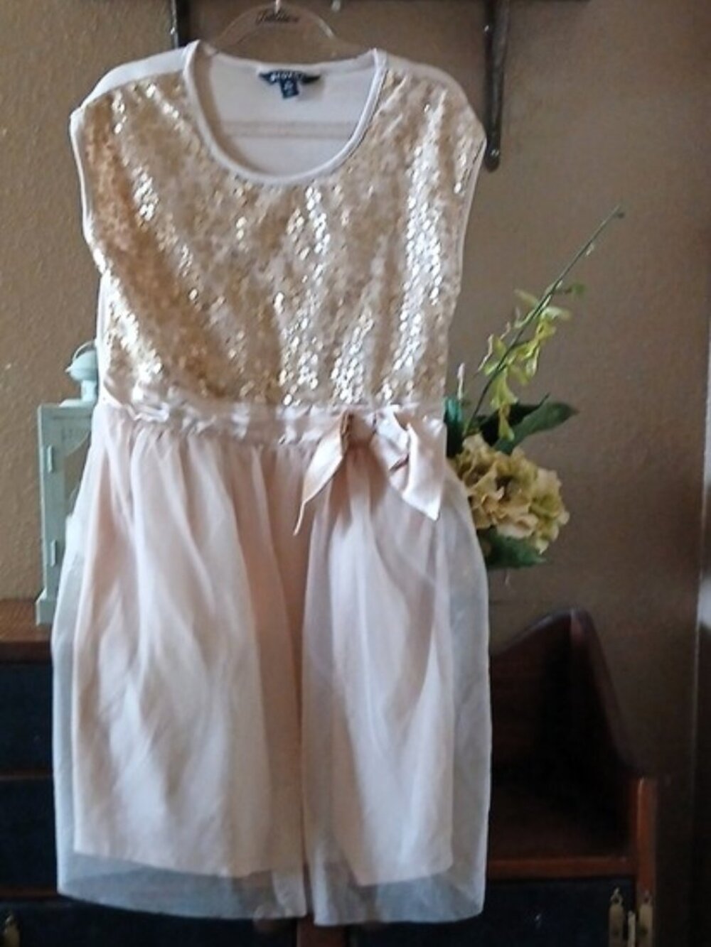 Girls Beige Sequin Tulle Dress with Satin Bow Sash Size L (10-12)